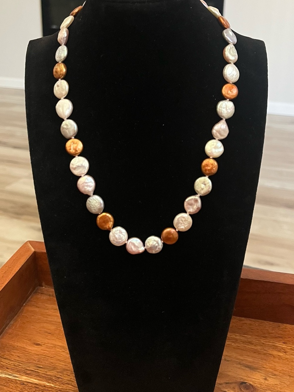 Freshwater coin pearl necklace iridescent cream silver copper bronze flat 18”